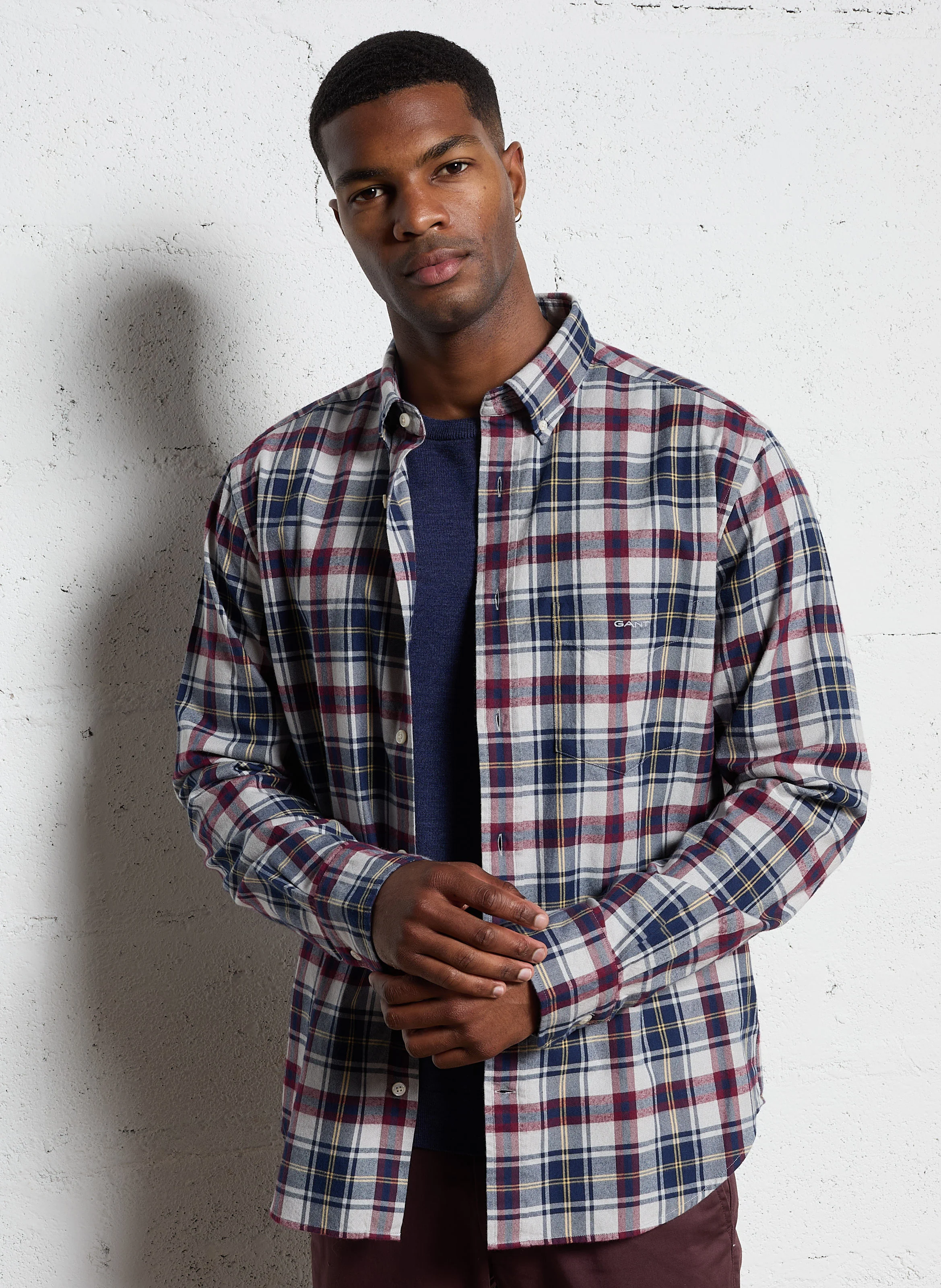 Chemise col classique à carreaux en coton| Bleu