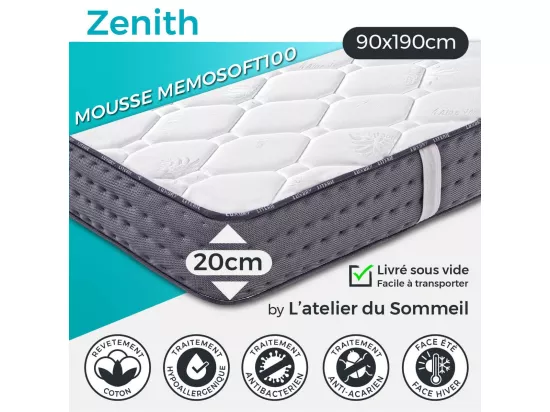 ZENITH - Matelas 90x190 cm Mousse haute résilience Soutien ferme Ep.20cm