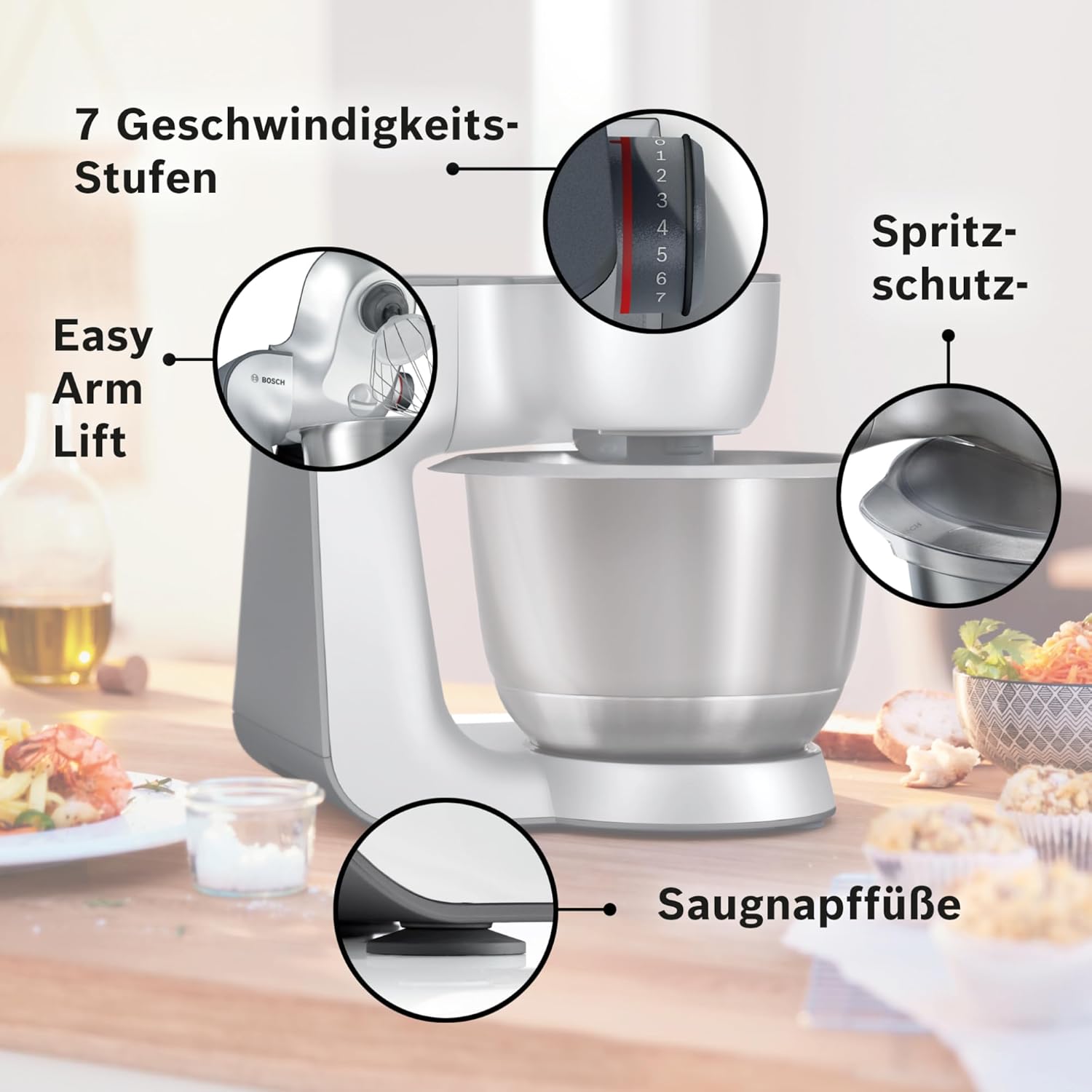 Bosch Küchenmaschine Serie 6 MUM56340, Schüssel 3,9 L, Mixer 1,25 L & MUZ45SV2 Spritzgebäckvorsatz, für Fleischwolf, perfekt zum Backen, vier Formen, Edelstahl, passend Serie 4, Serie 2, MUM4