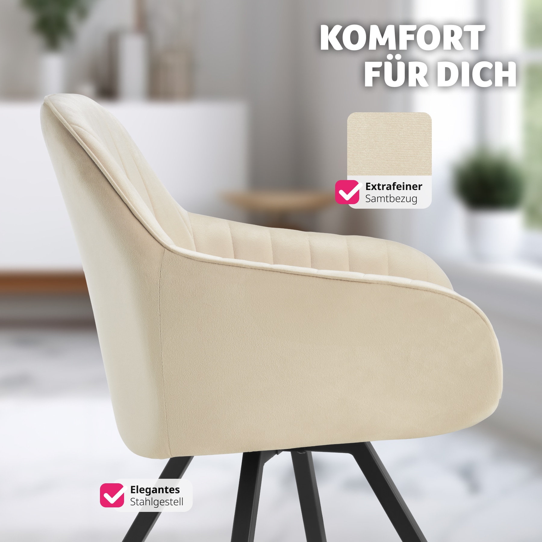 tectake® Drehbarer Armlehnstuhl , gepolstert, in Samtoptik, 360° drehbar, schlanke Stahlbeine, 58 x 58 x 82 cm