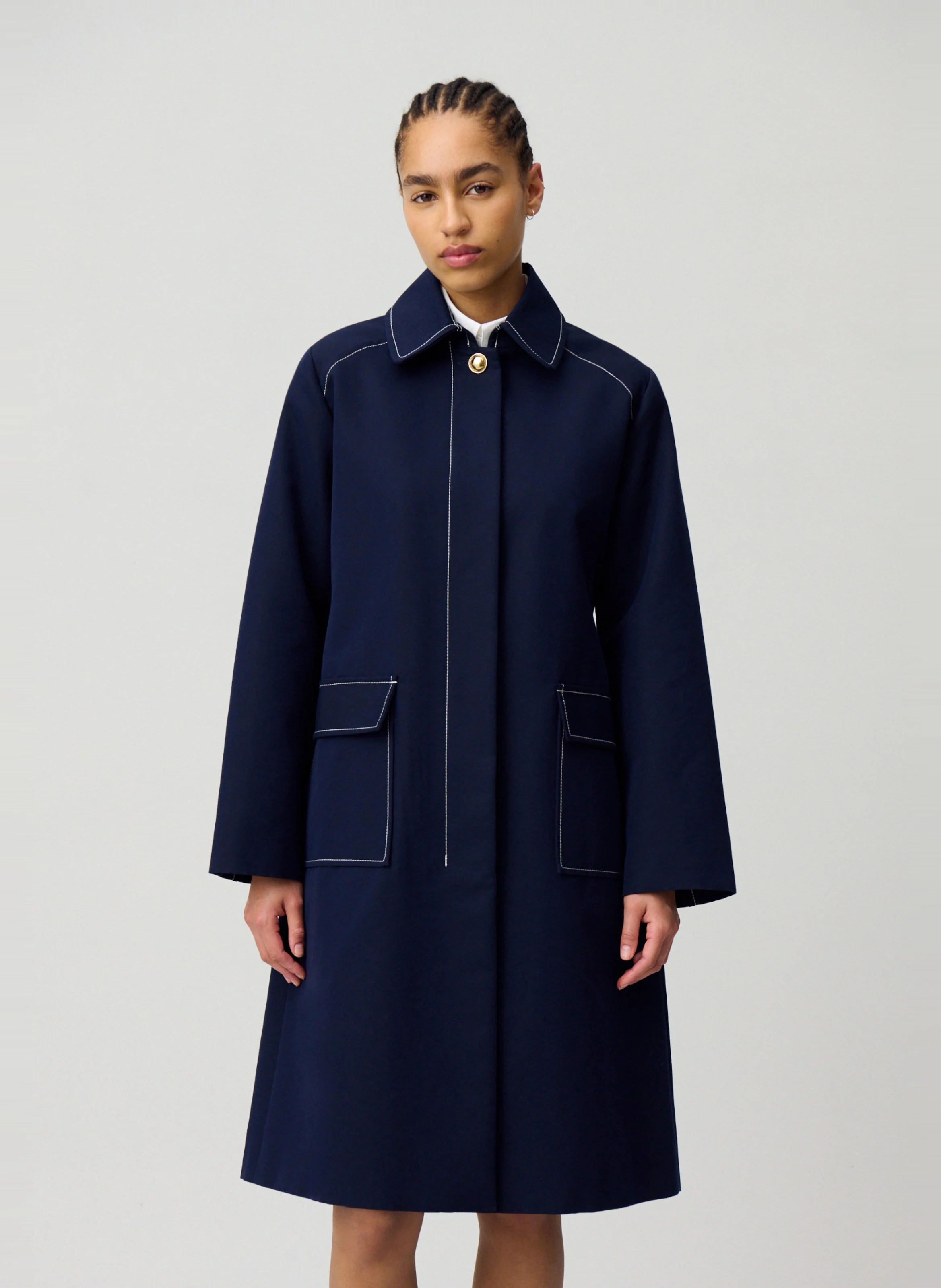 Trench mi-long ceinturé en coton mélangé | Bleu