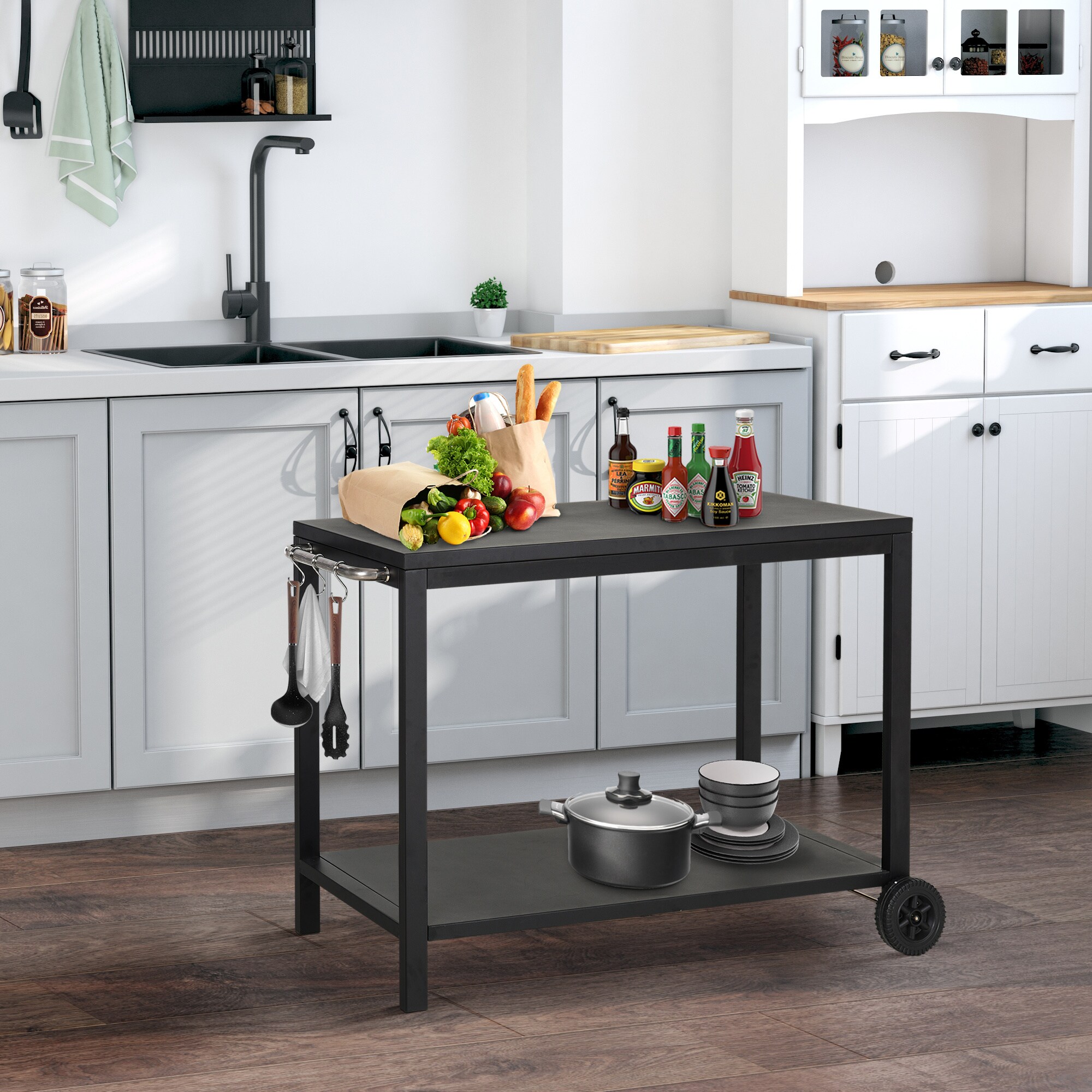 HOMCOM Beistelltisch auf Rollen schwarz 128 x 46,5 x 86,5 cm (BxTxH)