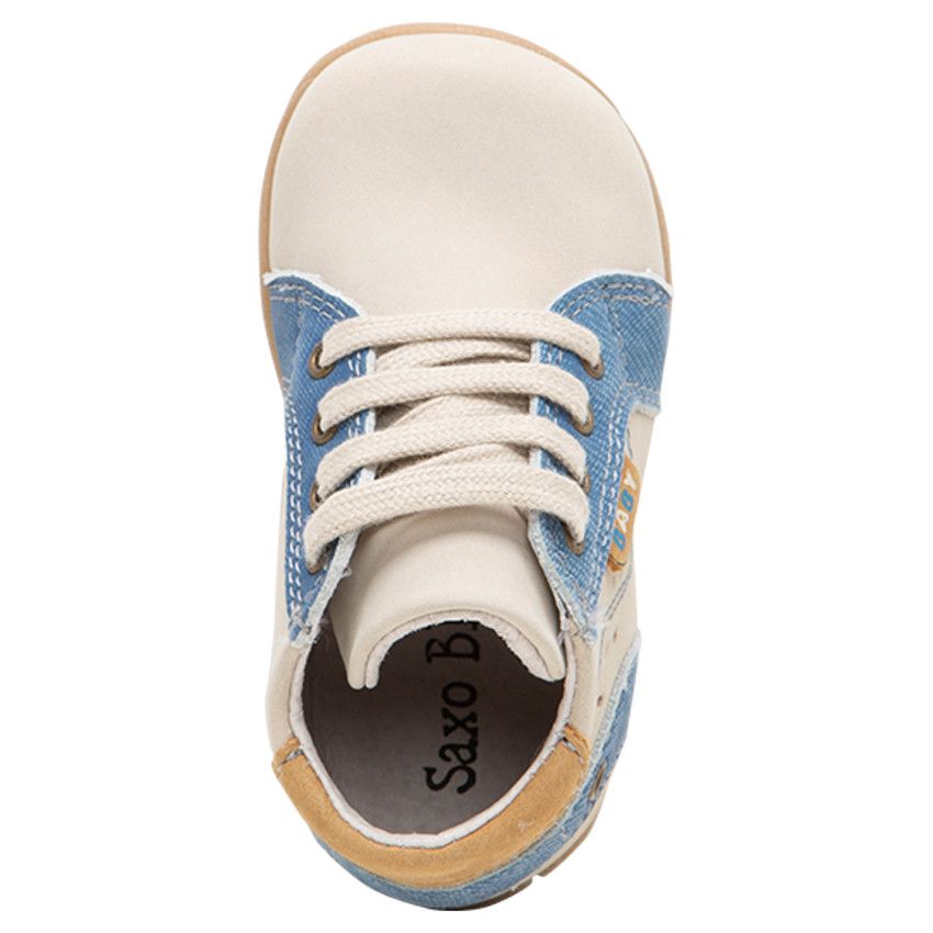 Bottillons à lacets en cuir avec empiècements effet jeans - Ecru