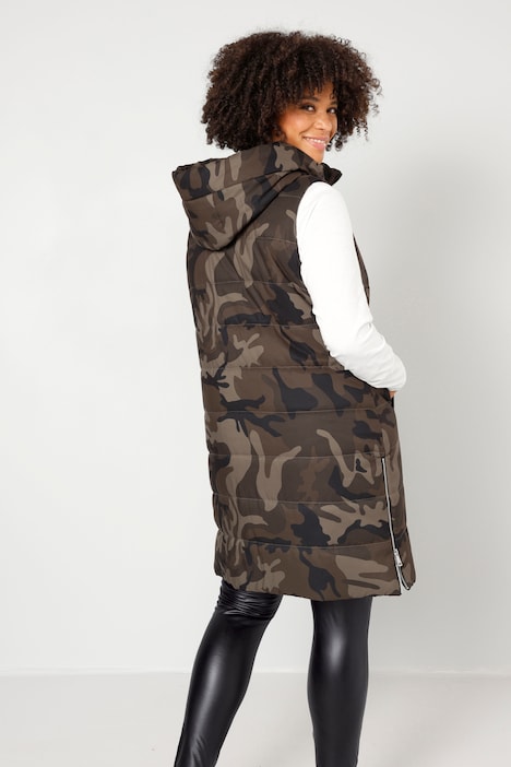 Long-Steppweste, Straight Fit, Camouflage, Kapuze, Zipper, Seitenschlitze