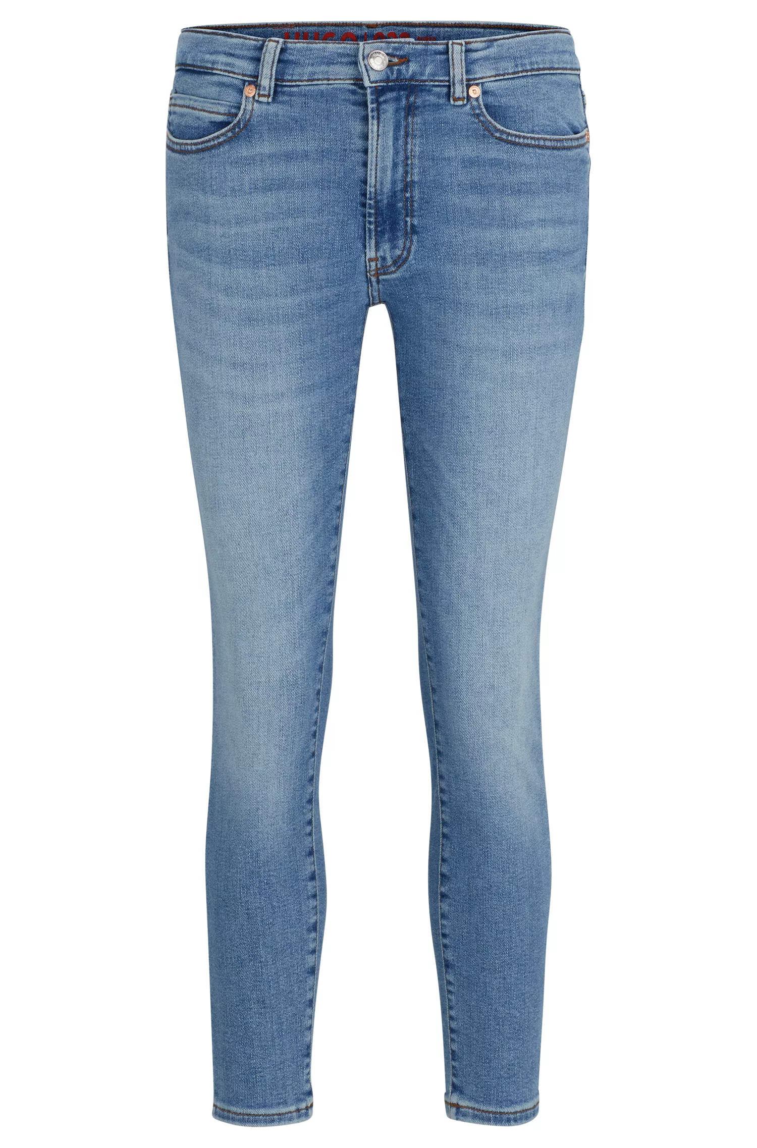 Calça jeans HUGO vermelha, modelo skinny, em denim elástico azul.