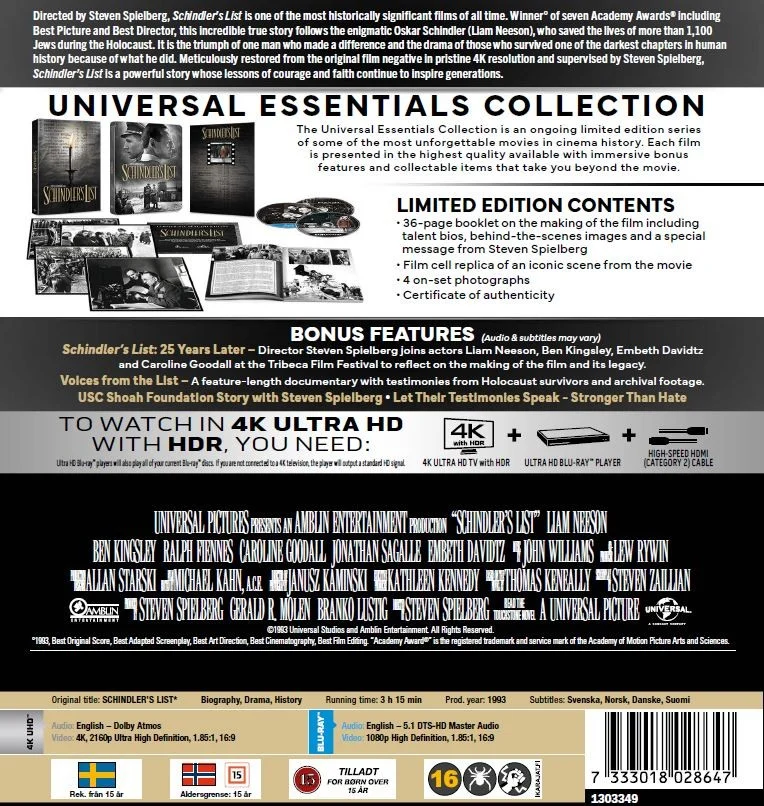 Schindler's List - 30th Anniversary Limited Edition (4K Ultra HD + Blu-ray) (3 disc) Anniversary edition
