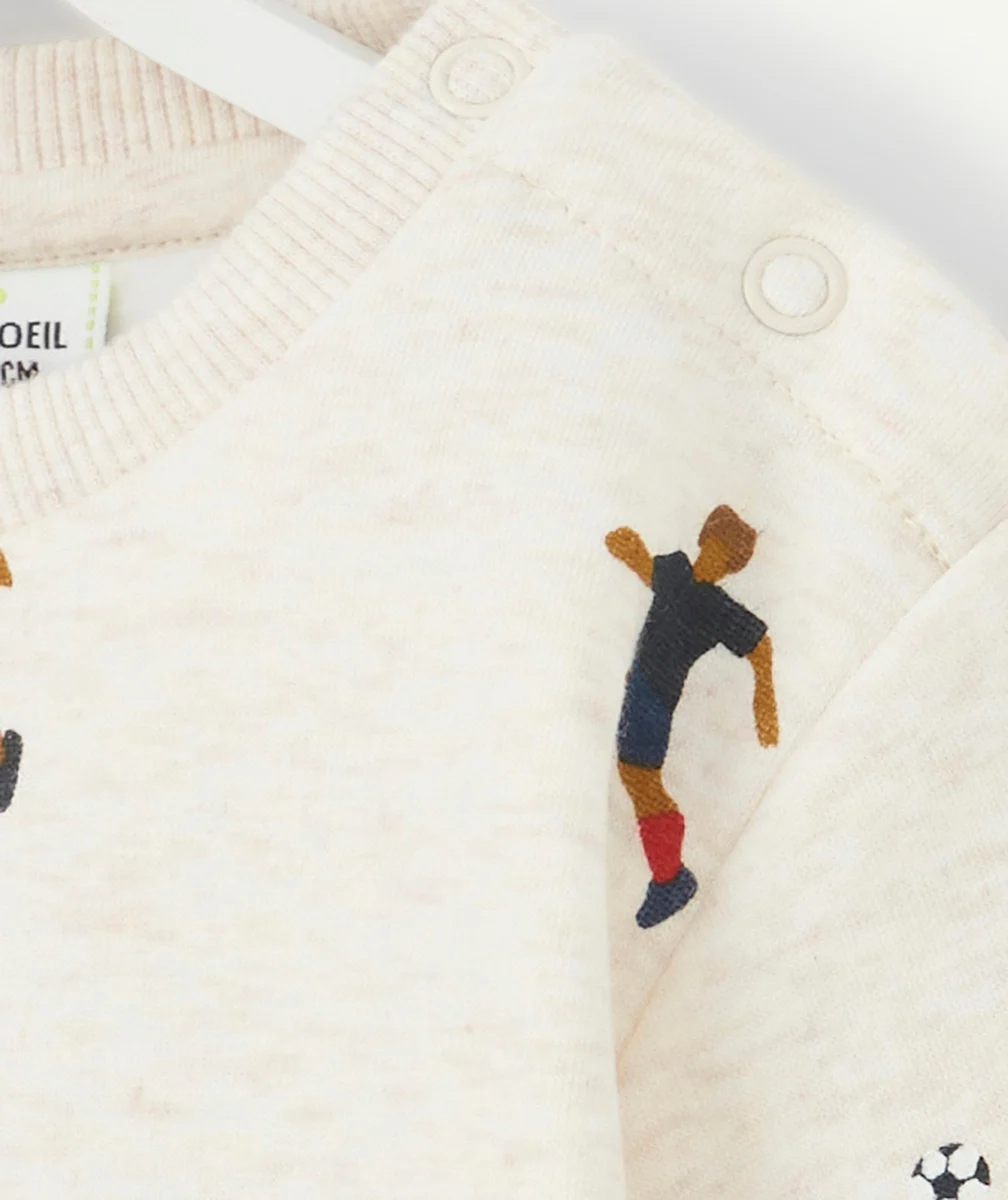 SWEAT BÉBÉ GARÇON EN FIBRES RECYCLÉES ÉCRU THÈME FOOTBALL