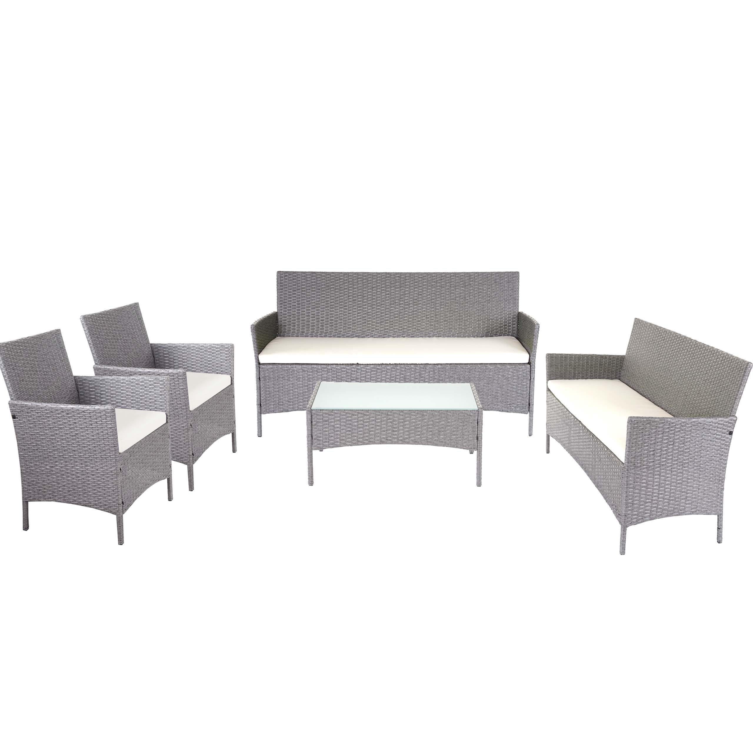 3-2-1-1 Poly-Rattan Garten-Garnitur Hamar, Lounge-Set Sitzgruppe Sofa ~ grau, Kissen creme