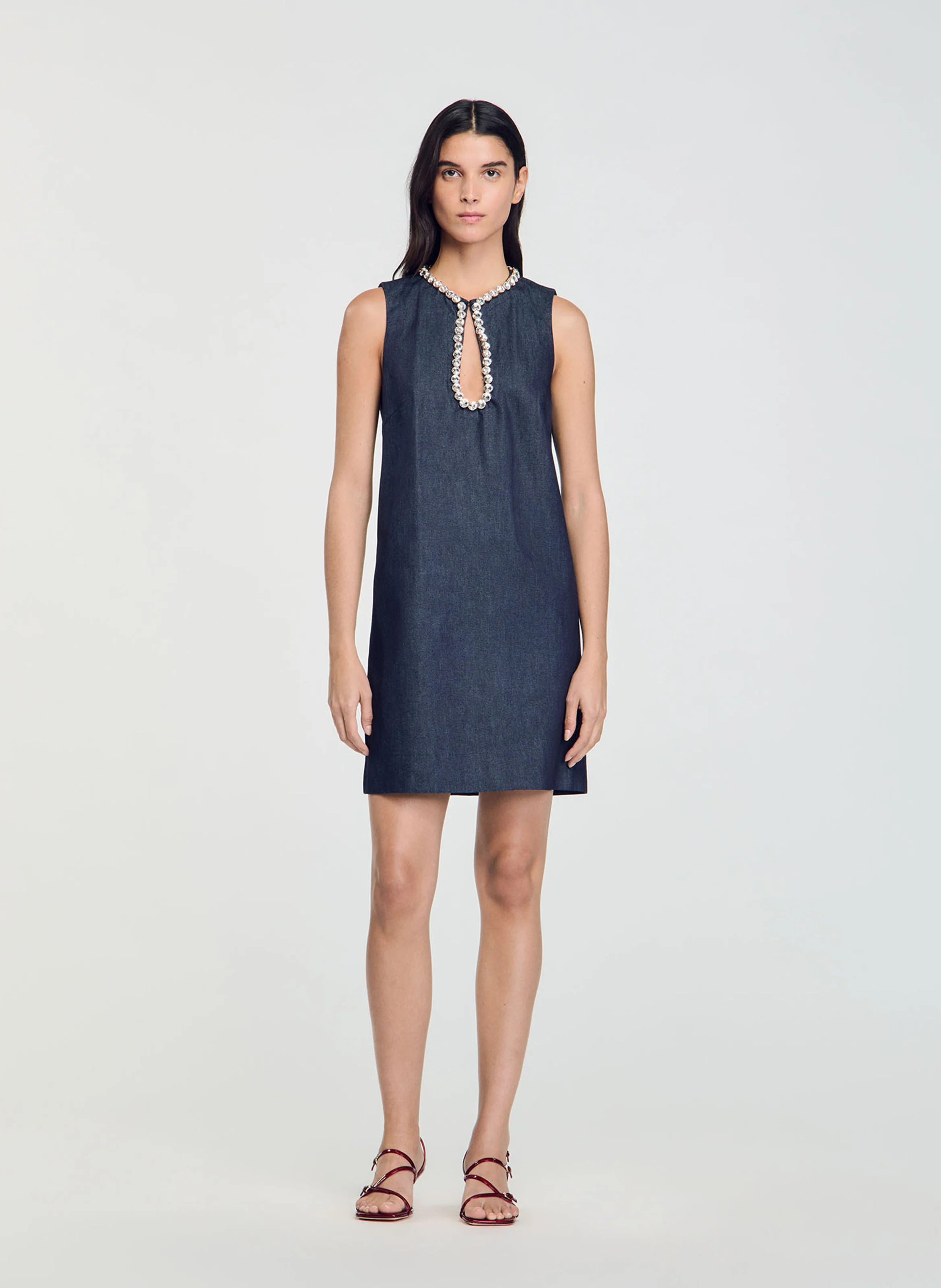 Robe courte col rond en denim | Bleu