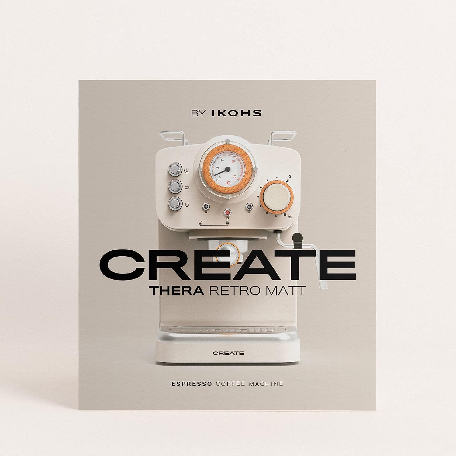 CREATE / THERA MATT RETRO/Espressomaschine Cremeweiß Matt und Holz/Halbautomatisch, mit einer 15 bar Druckpumpe und 1100W, 1,25L Wasserbehälter, für gemahlenen Kaffee, 55 mm. ESE- Pads