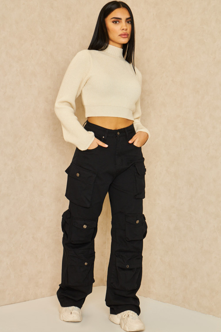 Jeans large à multiples poches cargo noir