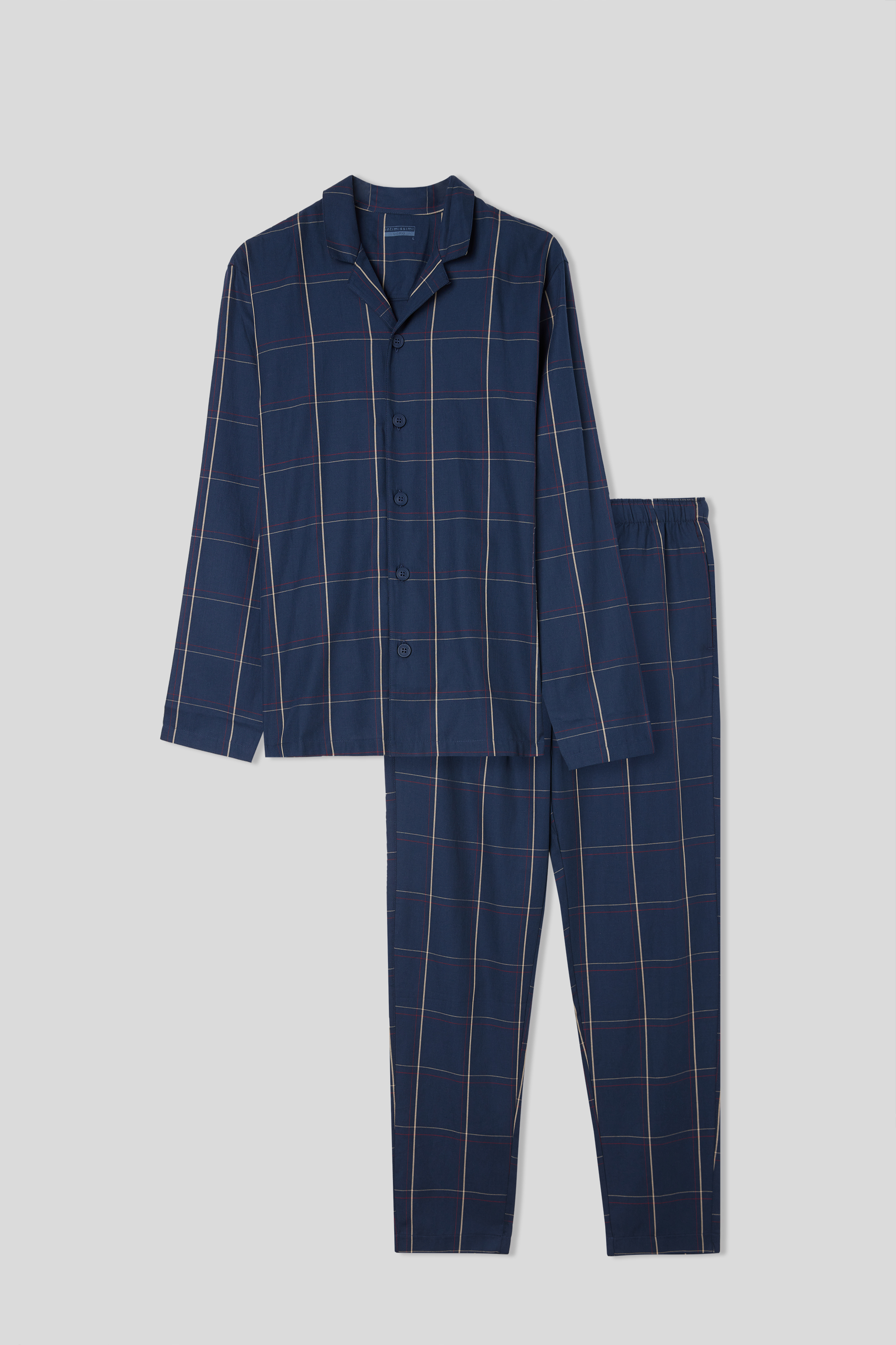 Pijama comprido aberto com estampa xadrez em tecido de algodão.