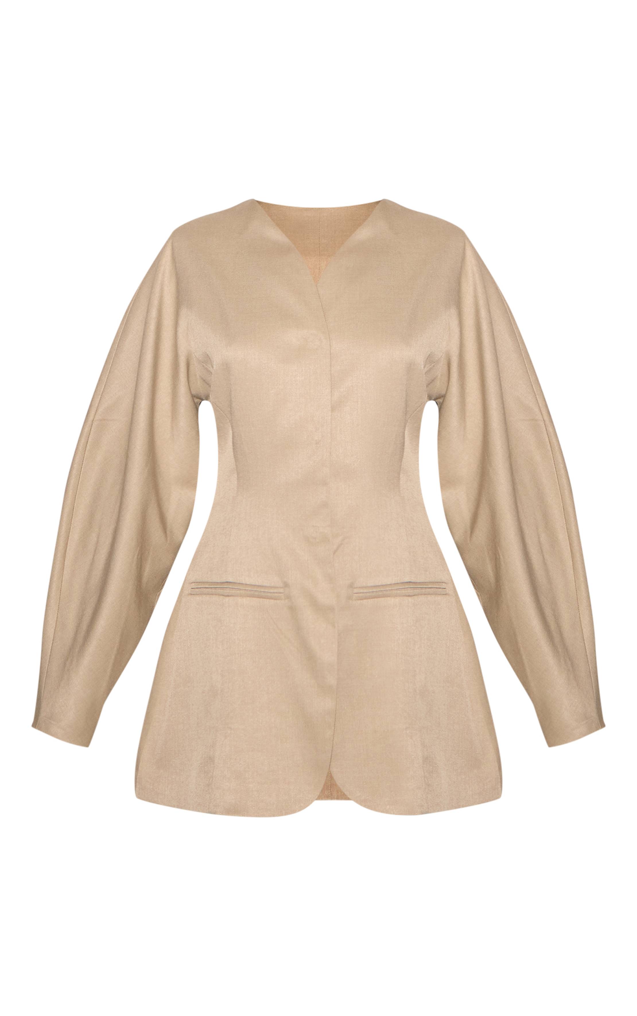 Gris Argile Robe Blazer Sans Col En Tissu Tissé À Manches Ballon