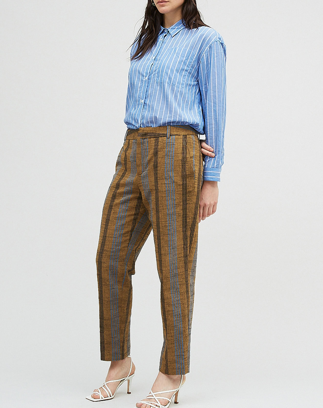 Chloé Stora Pantalon en Coton & Lin rayé Pavel marron