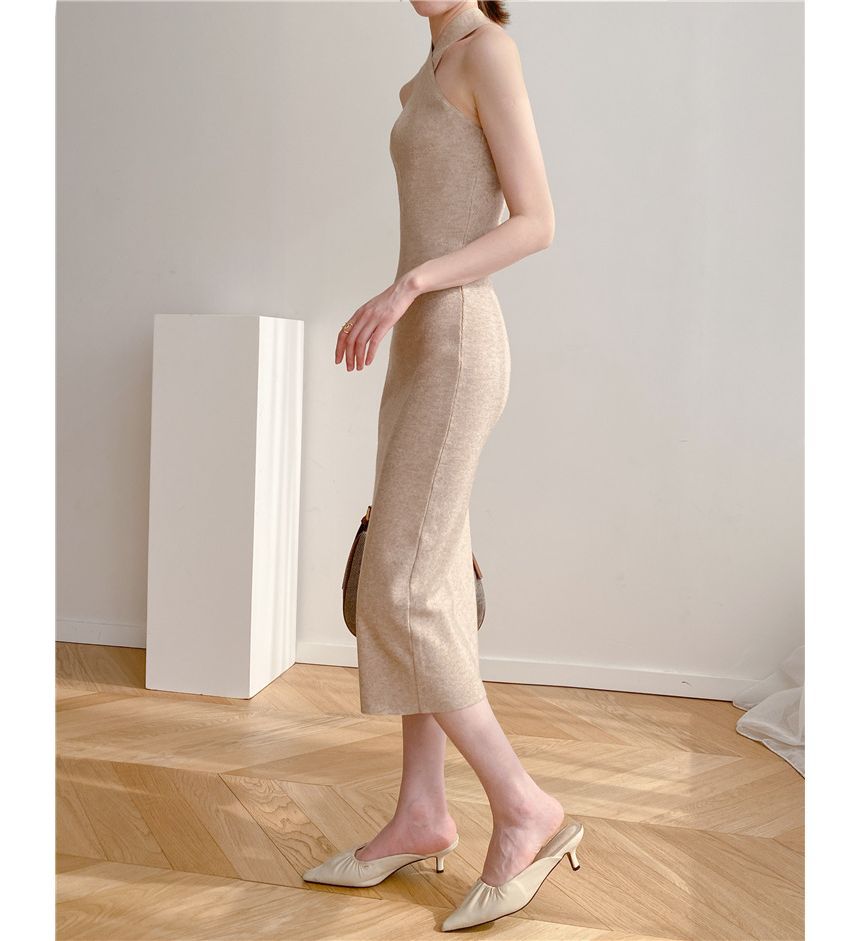 YUNBO - Halter-effen gebreide midi-bodyconjurk