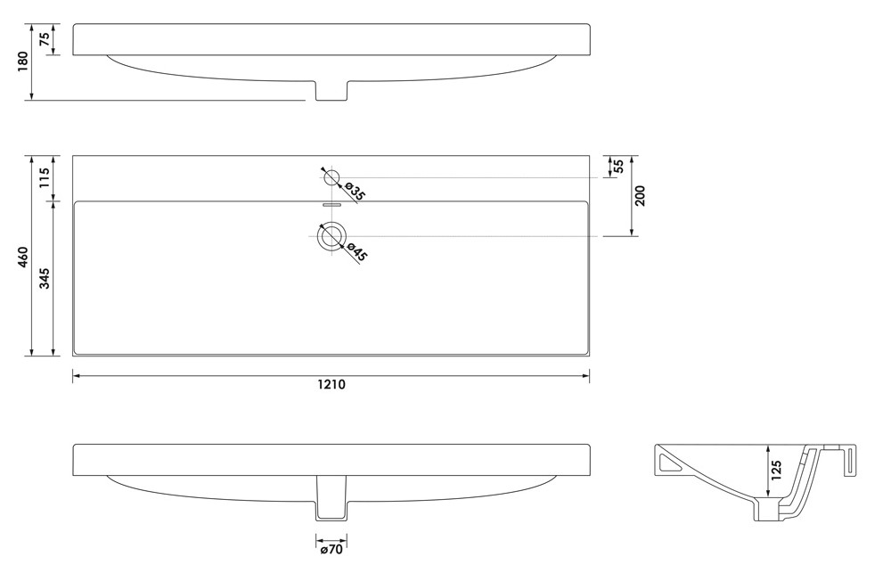 Brauer Aurora wastafel keramiek 120cm met kraangat wit glans