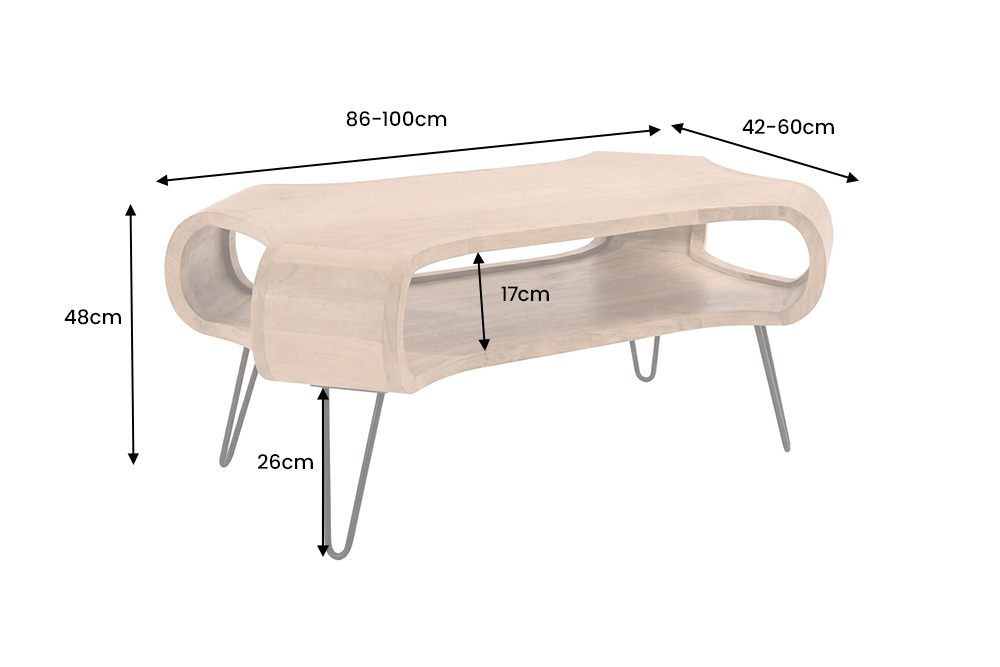 Couchtisch ORGANIC LIVING 100cm natur cream finish Mangoholz mit Hairpin Legs