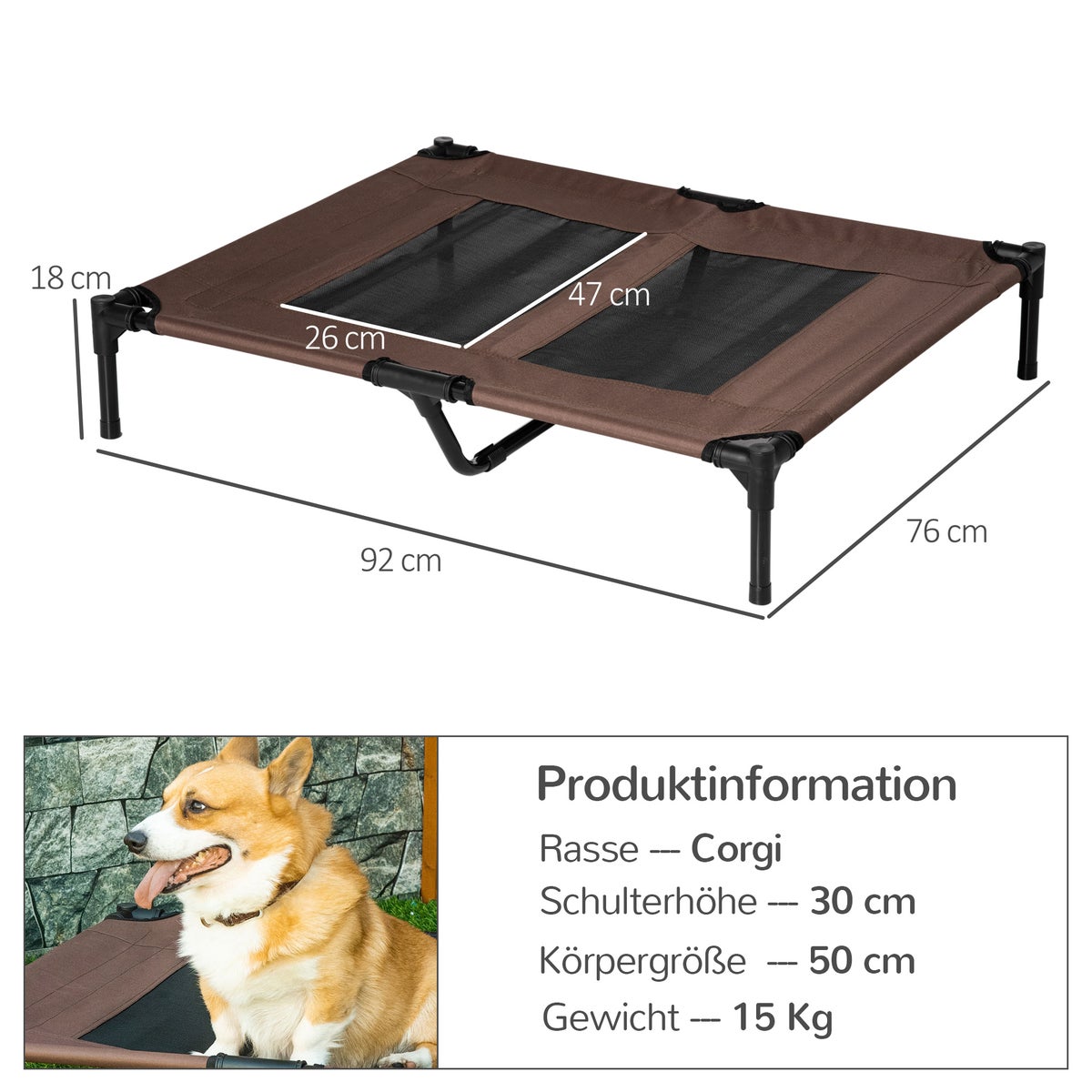 PawHut hondenbed, 92L x 76B x 18H cm, metalen buis, 600D Oxford en Texteline stof, koffiebruin