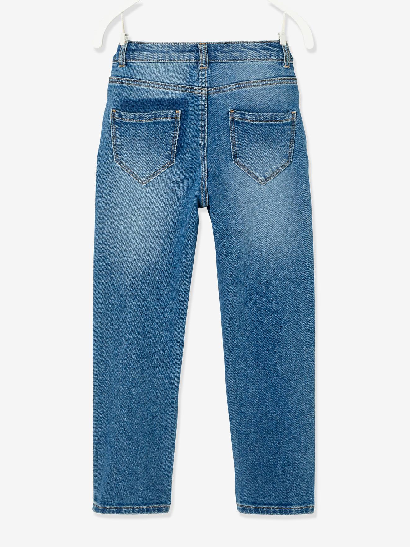 Calça jeans reta com efeito patchwork para meninas, azul médio liso com estampas.