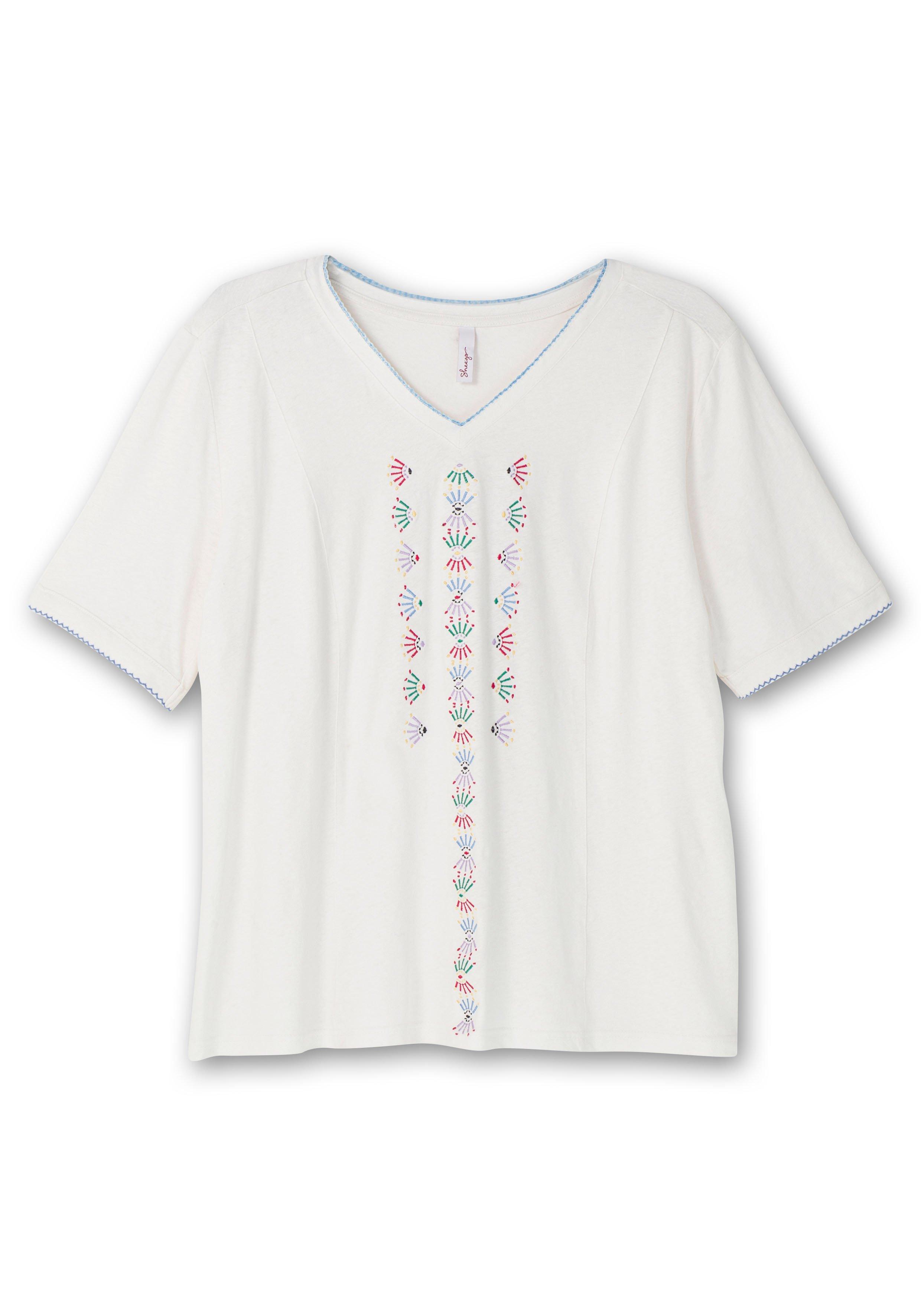 Shirt mit Stickerei, Leinen-Baumwoll-Mix