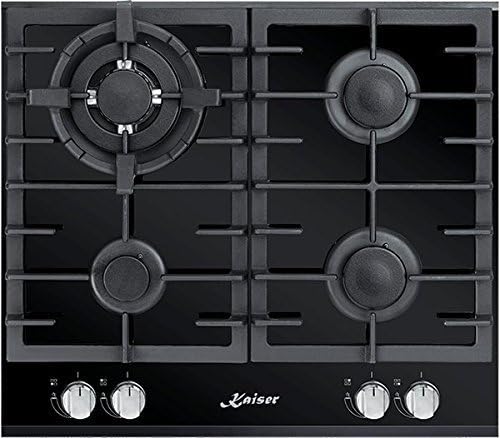Modernes Kochfeld 60cm Autark/Gaskochfeld/Luxus Herstellers Kaiser/KCG 6380 Turbo/ Gas auf Schwarzem Glas/Glaskeramik Gaskochfeld Einbau/4 Hochwertige Brenner/3,8 kW dreikreis Turbo-Brenner mit Wok- Adapter aus Gußeisen/Gas-kochstelle/Gaskocher/Glas