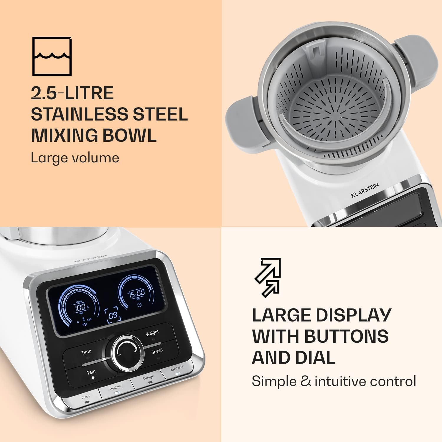 Klarstein GrandPrix - Küchenmaschine Multifunktional, Küchenmaschine mit Fleischwolf, Rührmaschine mit Kochfunktion, 500-1000 W, 2,5L Edelstahlschüssel, 30-120°C einstellbar, silber