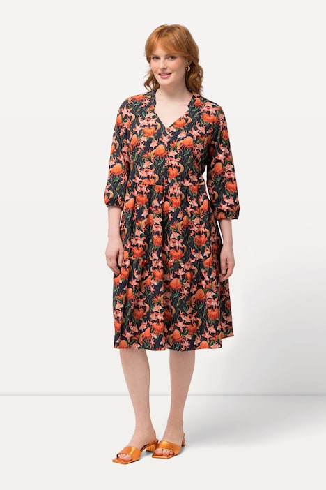 Tunikakleid, Magnolien, A-Linie, V-Ausschnitt, 3/4-Arm