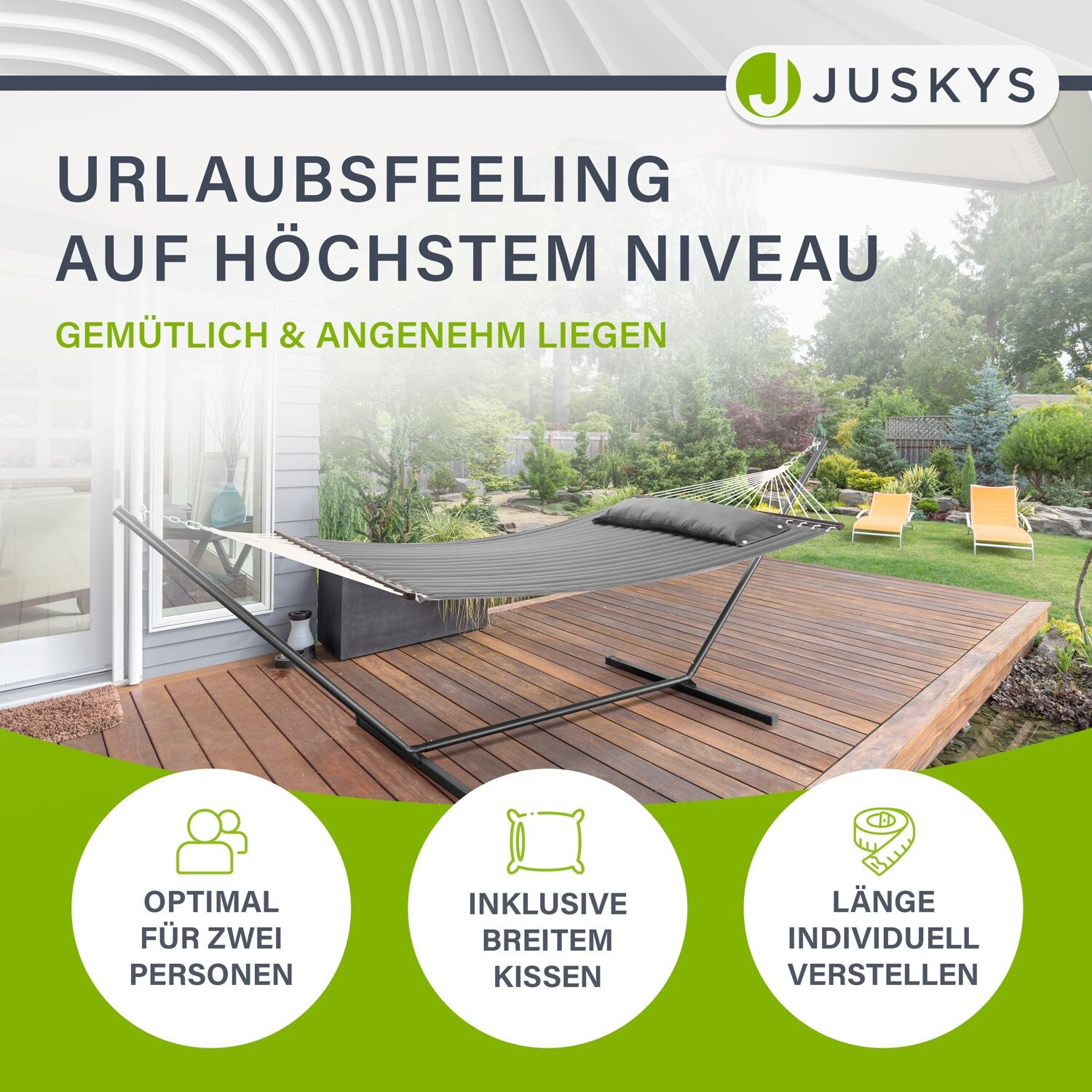 Juskys Hängematte Cata mit Gestell und Kissen - Doppelhängematte für 2 Personen - 200kg - Anthrazit