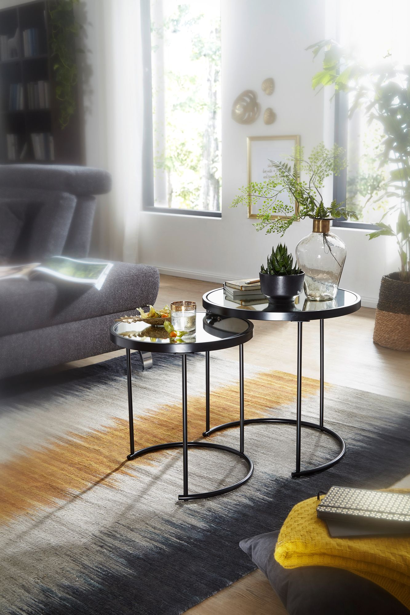 FineBuy Couchtisch 2tlg Rund Schwarz Spiegel Glas Wohnzimmertisch Beistelltisch