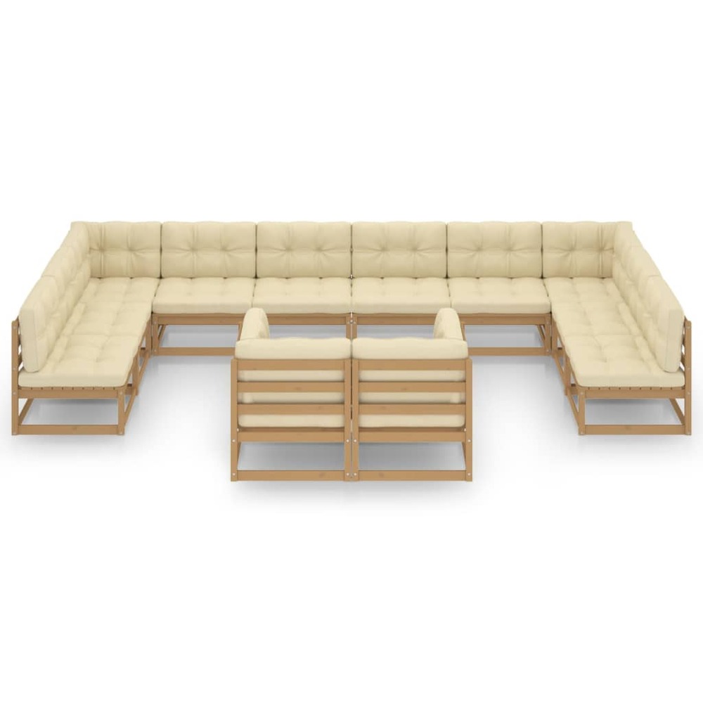 Salon de jardin meuble d'extérieur ensemble de mobilier 12 pièces avec coussins marron miel bois de pin