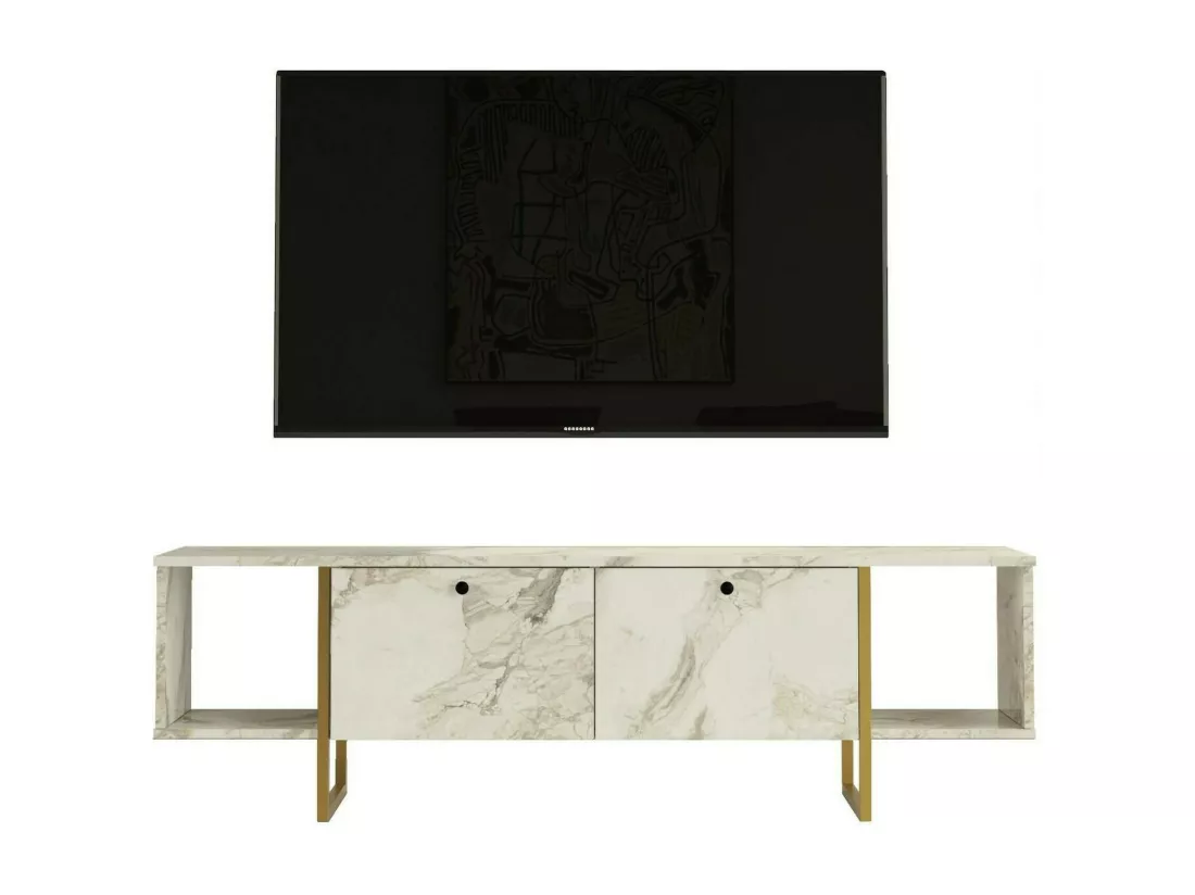 Meuble TV Arneb, Buffet de salon, Armoire basse pour TV, Base murale de rangement, 160x40h48 cm, Blanc et Or