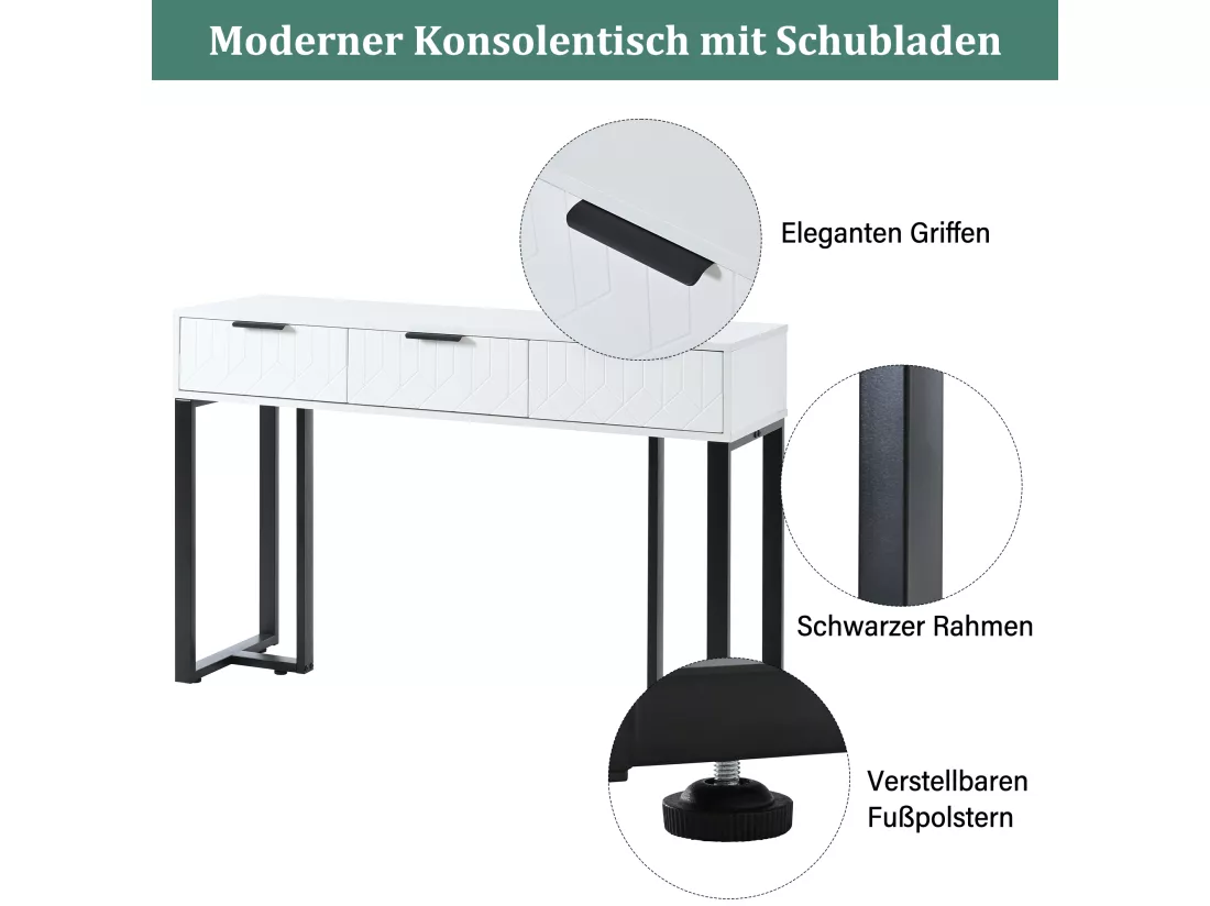 Table Console Moderne avec Tiroirs, Cadre Métallique Doré, Pieds Ajustables, Poignées Élégantes (Blanc + Noir)