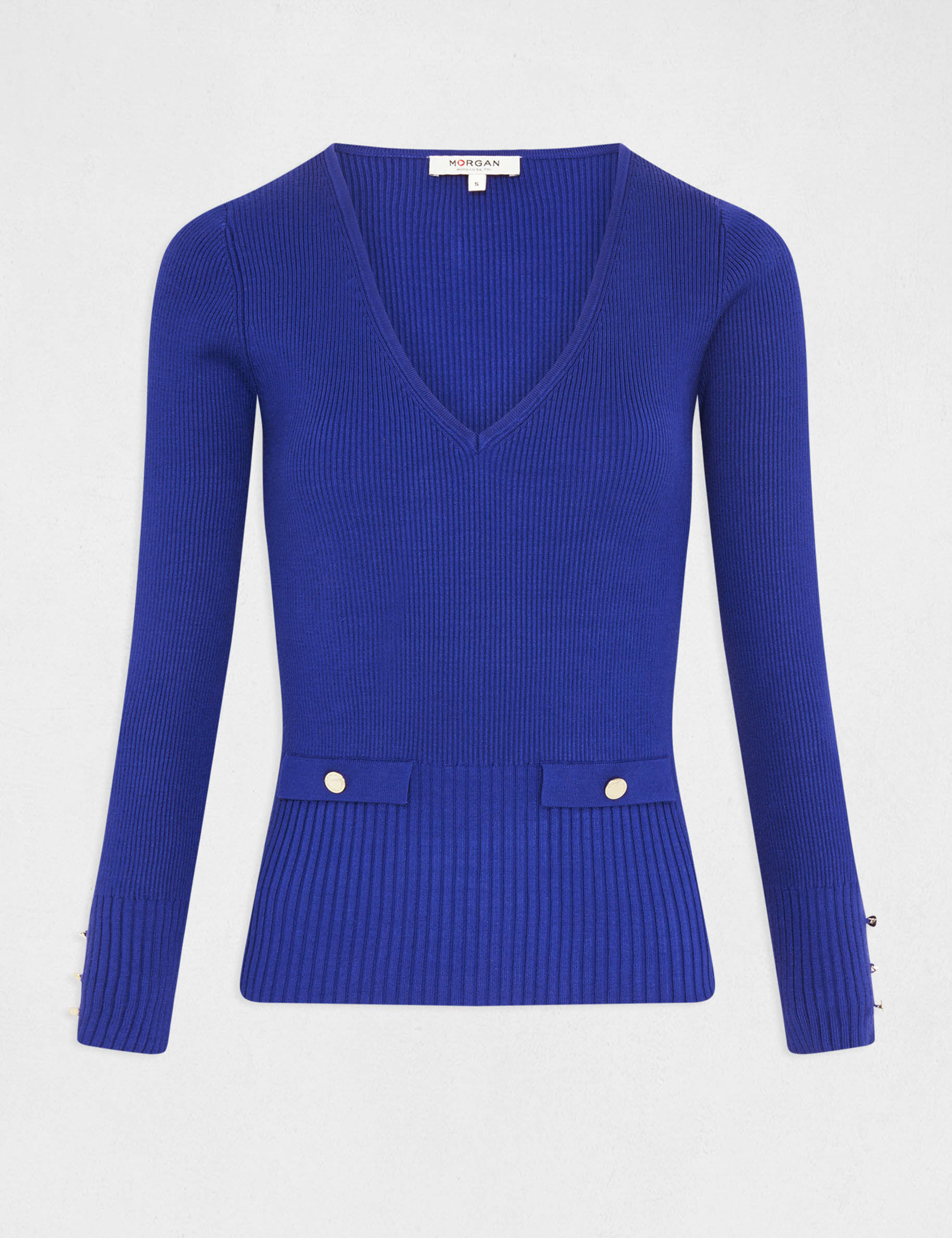 Pull manches longues côtelé à col en V bleu moyen femme - bleu_moyen