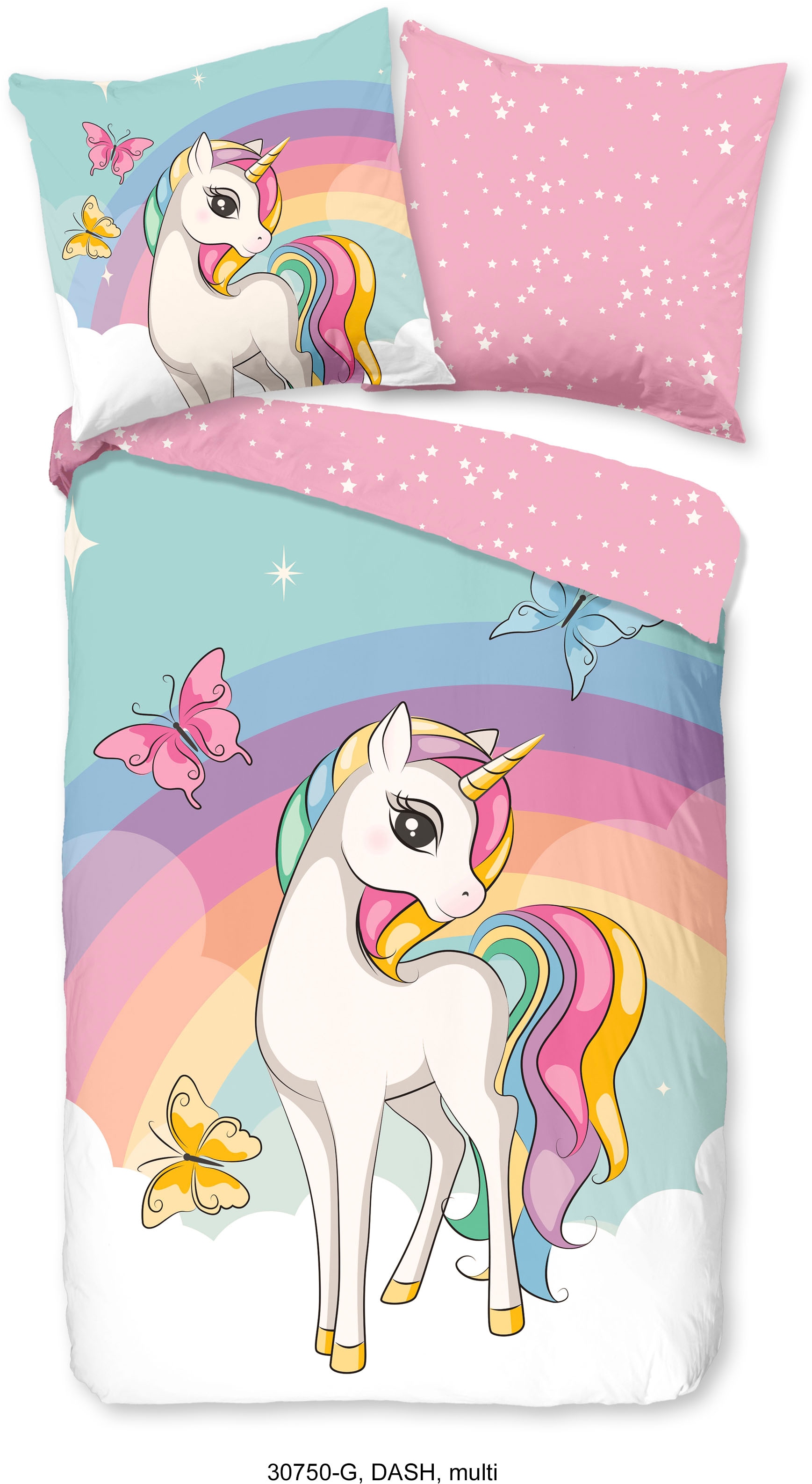good morning Kinderbettwäsche »Dash« 2 Stk. tlg. Baumwolle, 135x200, Reissverschluss, Wendeoptik, Kind, Mädchen, Einhorn