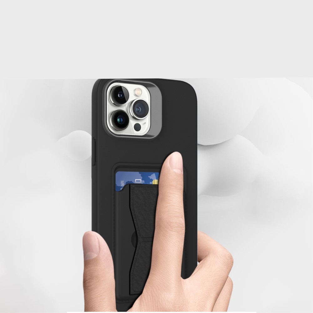 iPhone 15 Gummi Hülle mit Kartenfach   Kickstand Aufsteller - Schwarz