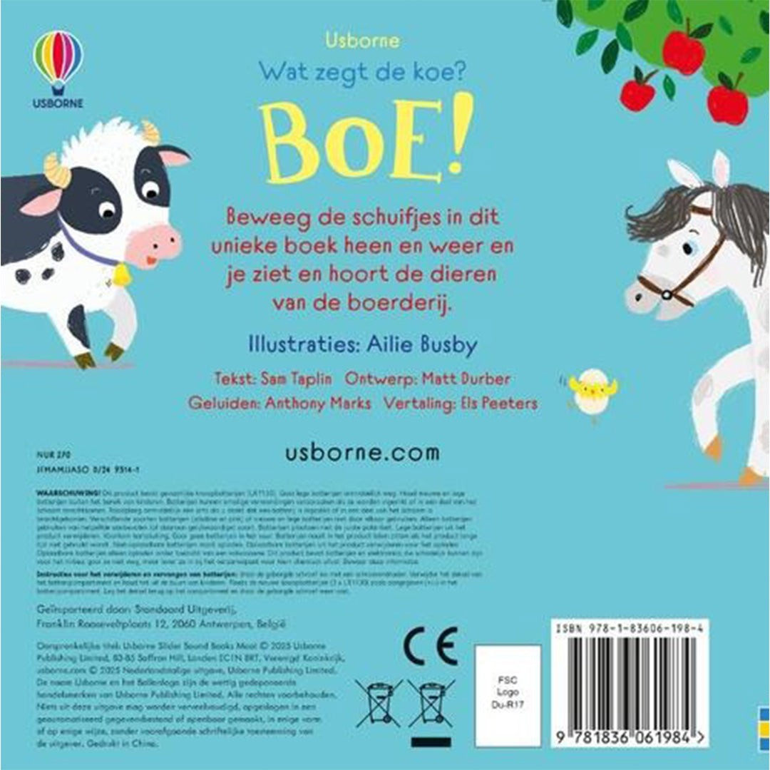 uitgeverij usborne geluidenboek wat zegt de koe? boe!
