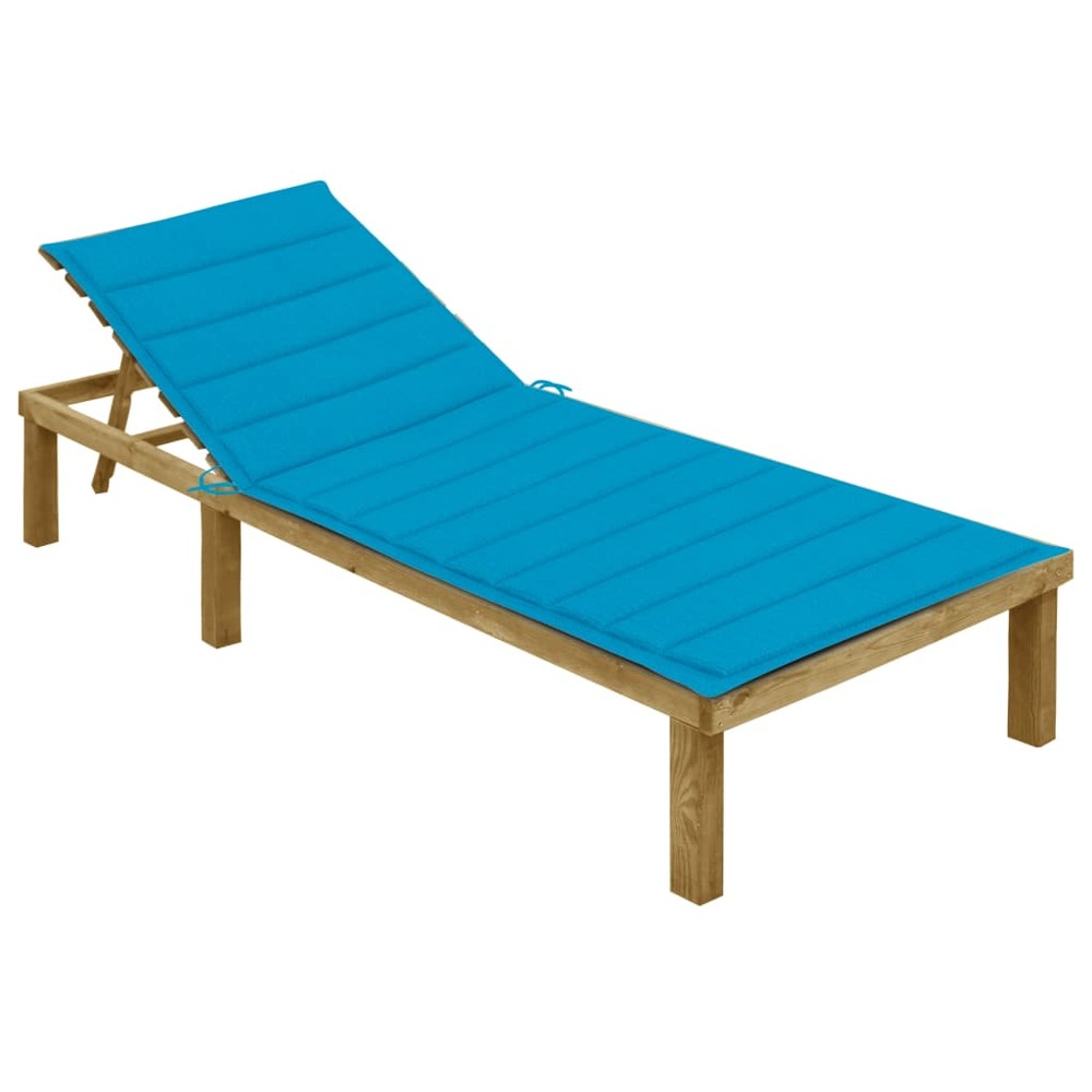 Transat chaise longue bain de soleil lit de jardin terrasse meuble d'extérieur 200 cm avec coussin bleu bois de pin imprégné