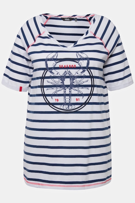 T-Shirt, Ringel, Hummer, A-Linie, V-Ausschnitt, Halbarm