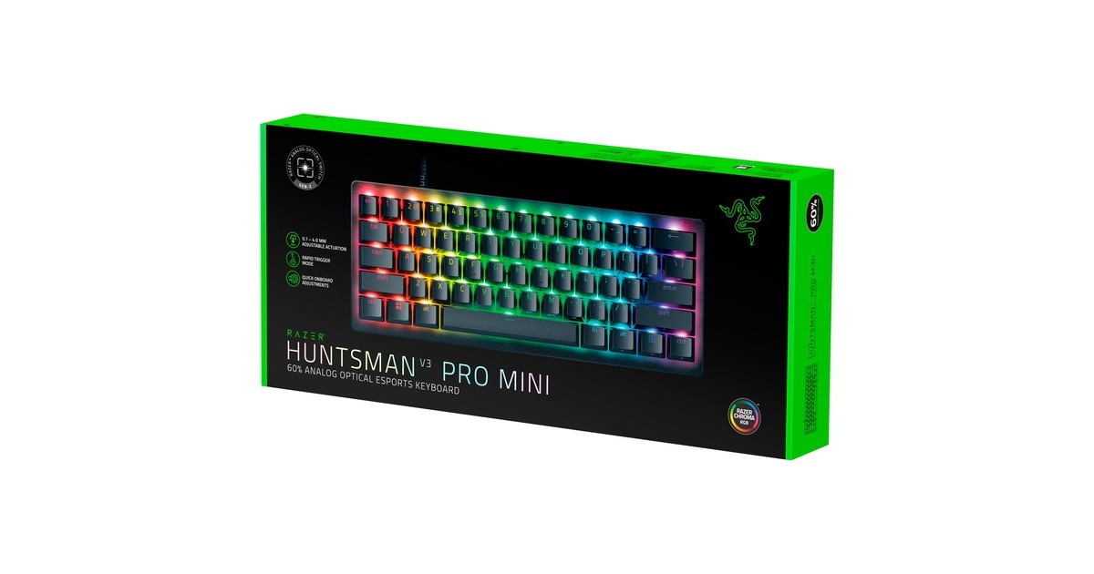 RazerHuntsman V3 Pro mini, gaming toetsenbord  (Zwart, US lay-out, Razer Analog Optical Gen 2, RGB leds, 60%, PBT double-shot)