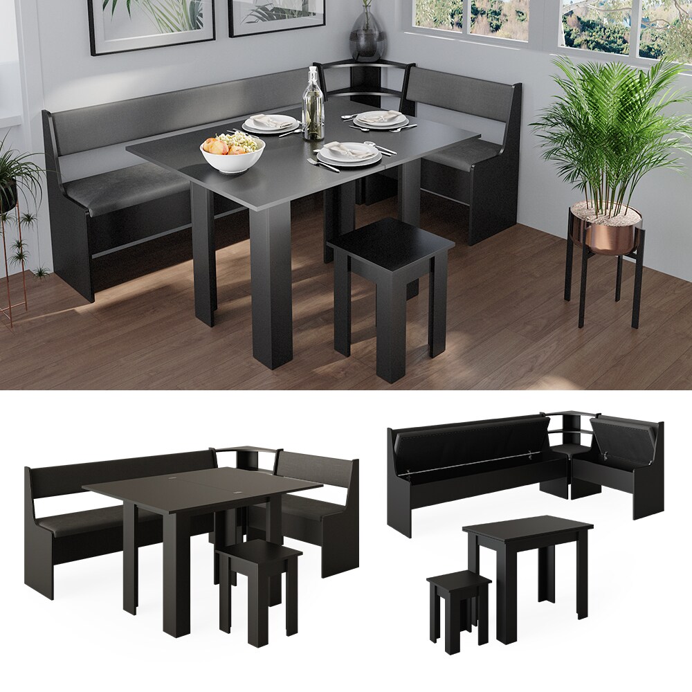 Vicco Eckbankgruppe Küchensitzgruppe Esszimmergruppe Roman Schwarz modern 210x120 cm Sitzbank Sitzecke Küchentisch Tischhocker Küchenmöbel Polstermöbel Esszimmermöbel