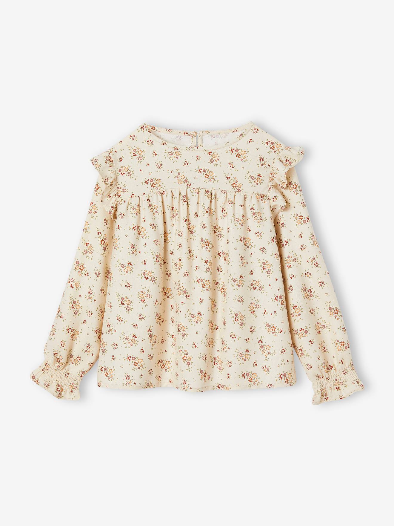 Blusa de manga comprida com flores, para meninas, azul escuro