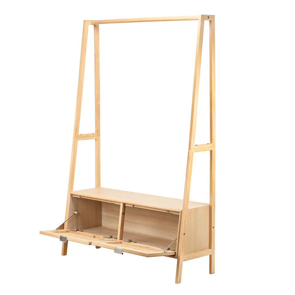 Massief houten kledingrek met rieten zitting