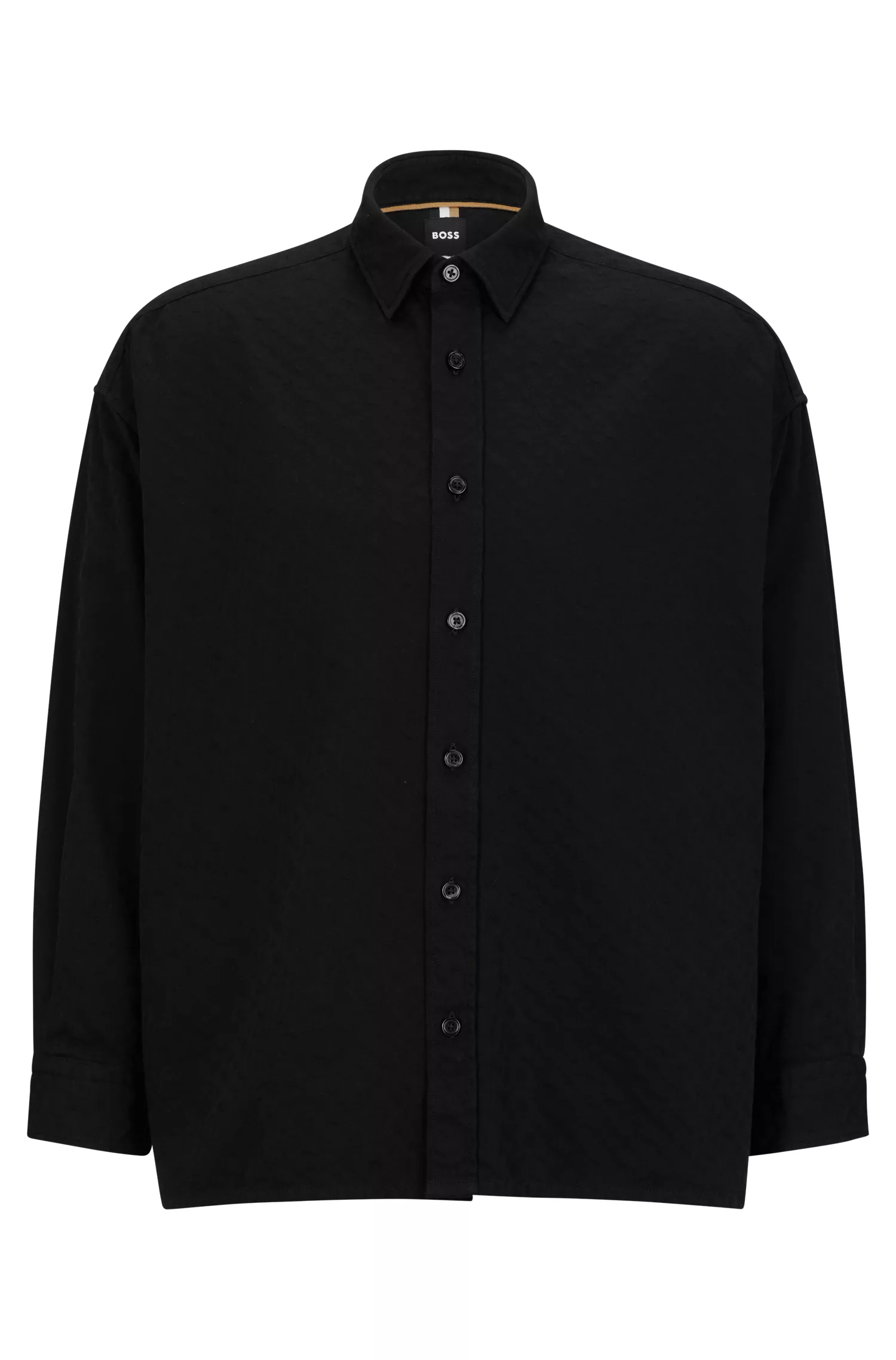 Camisa BOSS preta de corte relaxado em sarja de algodão com monograma.