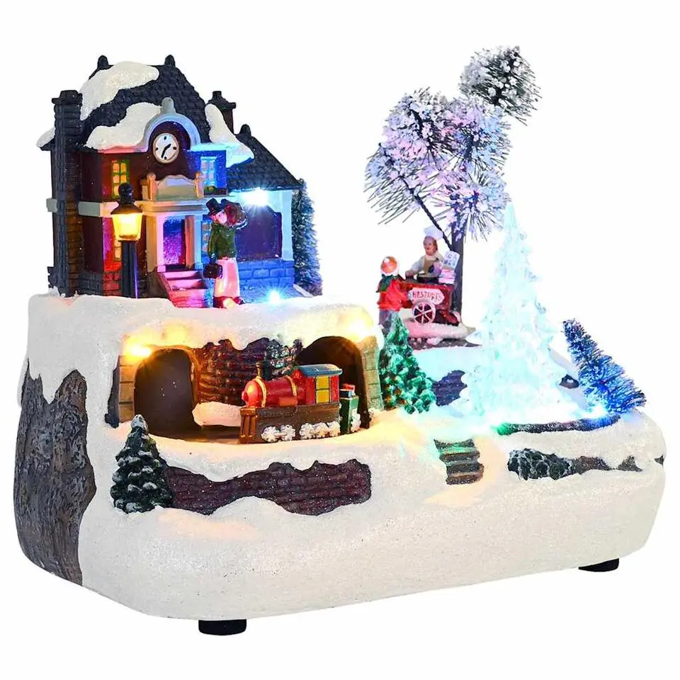 vidaXL - Miniatuur kerstdorp met treinstation - 23,5x16x18,5 cm - Hars