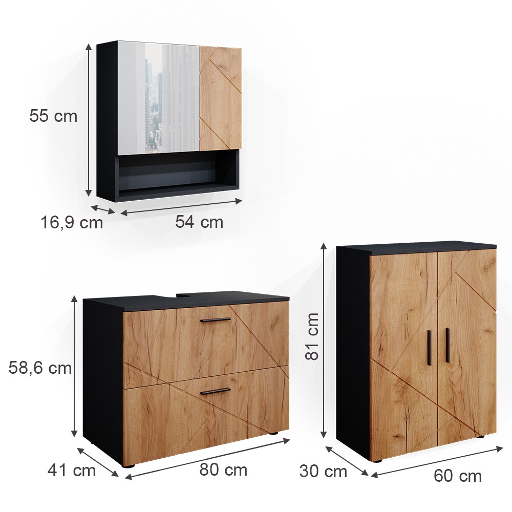Vicco Badmöbelset Unterschrank Spiegelschrank Badschrank Irma Anthrazit Eiche Badmöbel