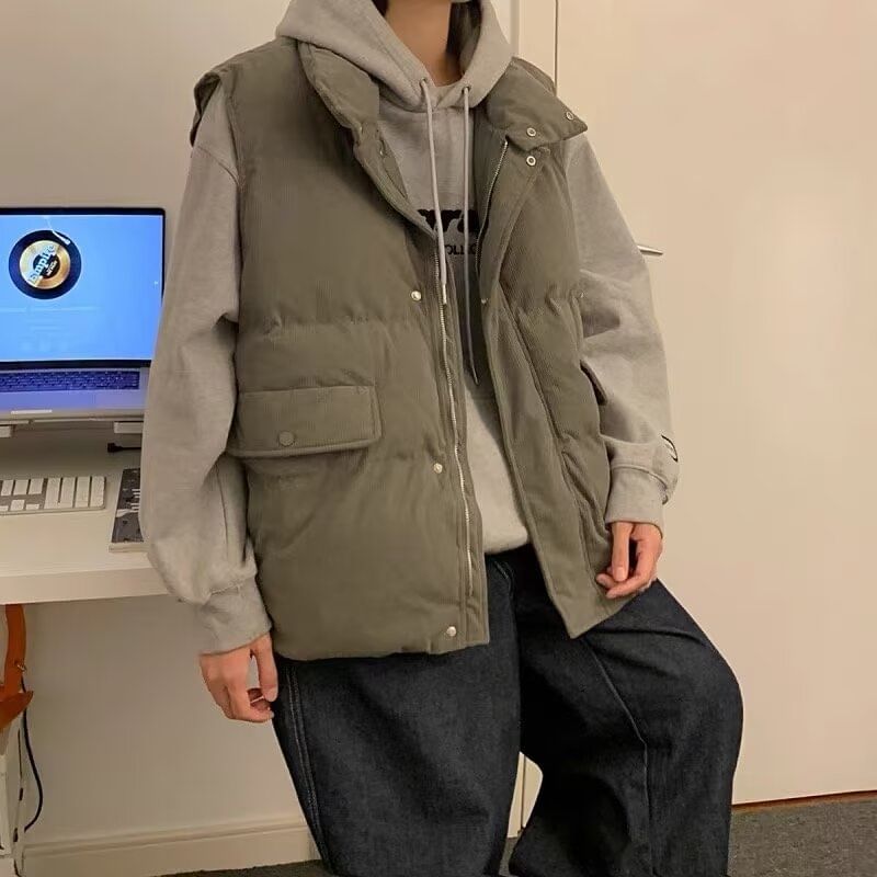 Real Boy - Corduroy opstaande kraag effen gewatteerd vest met rits en knopen