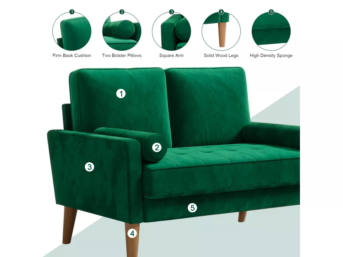 Canapé à 2 Places Scandinave,Mini Canapé à Bras Roulés en Velours Loveseat,Fauteuil Salon avec Accoudoirs,121x77x87cm - Vert