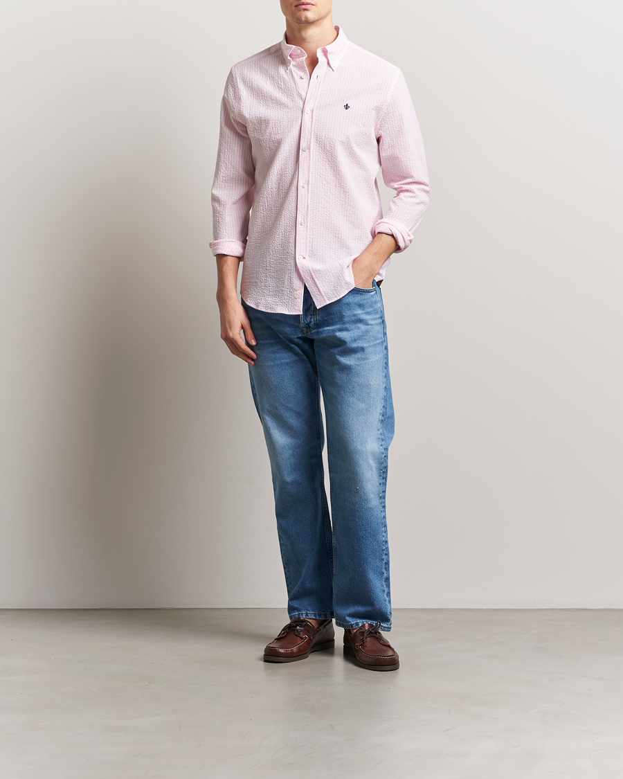 Morris Slim Fit Striped Seersucker Shirt Light Pink