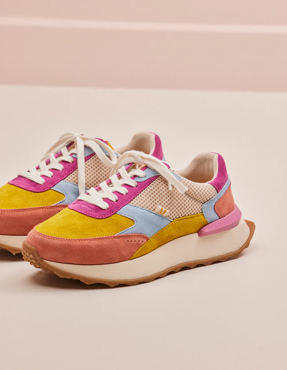 Baskets basses Yaelle - Suède et mesh rose jaune fuchsia
