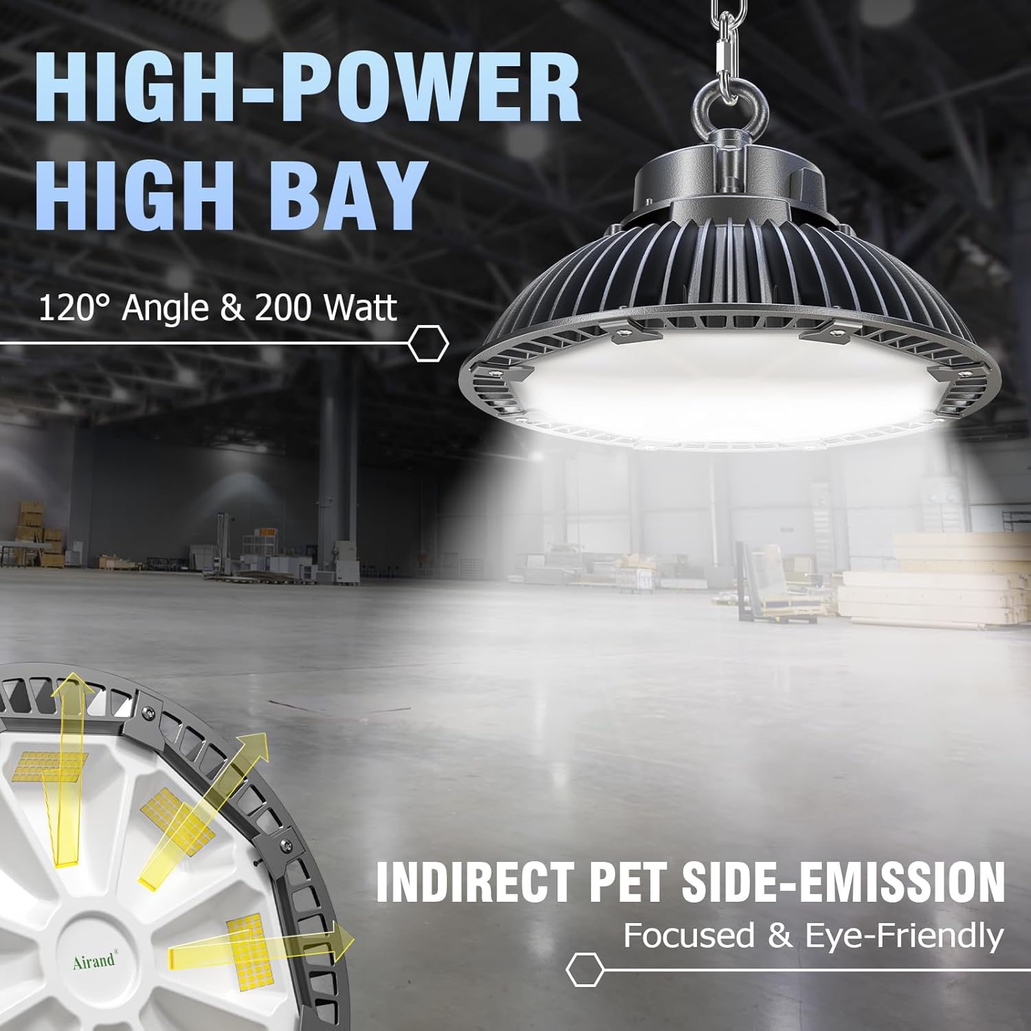 Airand Hallenstrahler LED Hallenbeleuchtung 200W Industrielampe UFO 28000LM Hallenleuchte Werkstattlampe IP65 Wasserdicht High Bay Licht für Garage Terrasse Baustellen Halle Scheune 5500K
